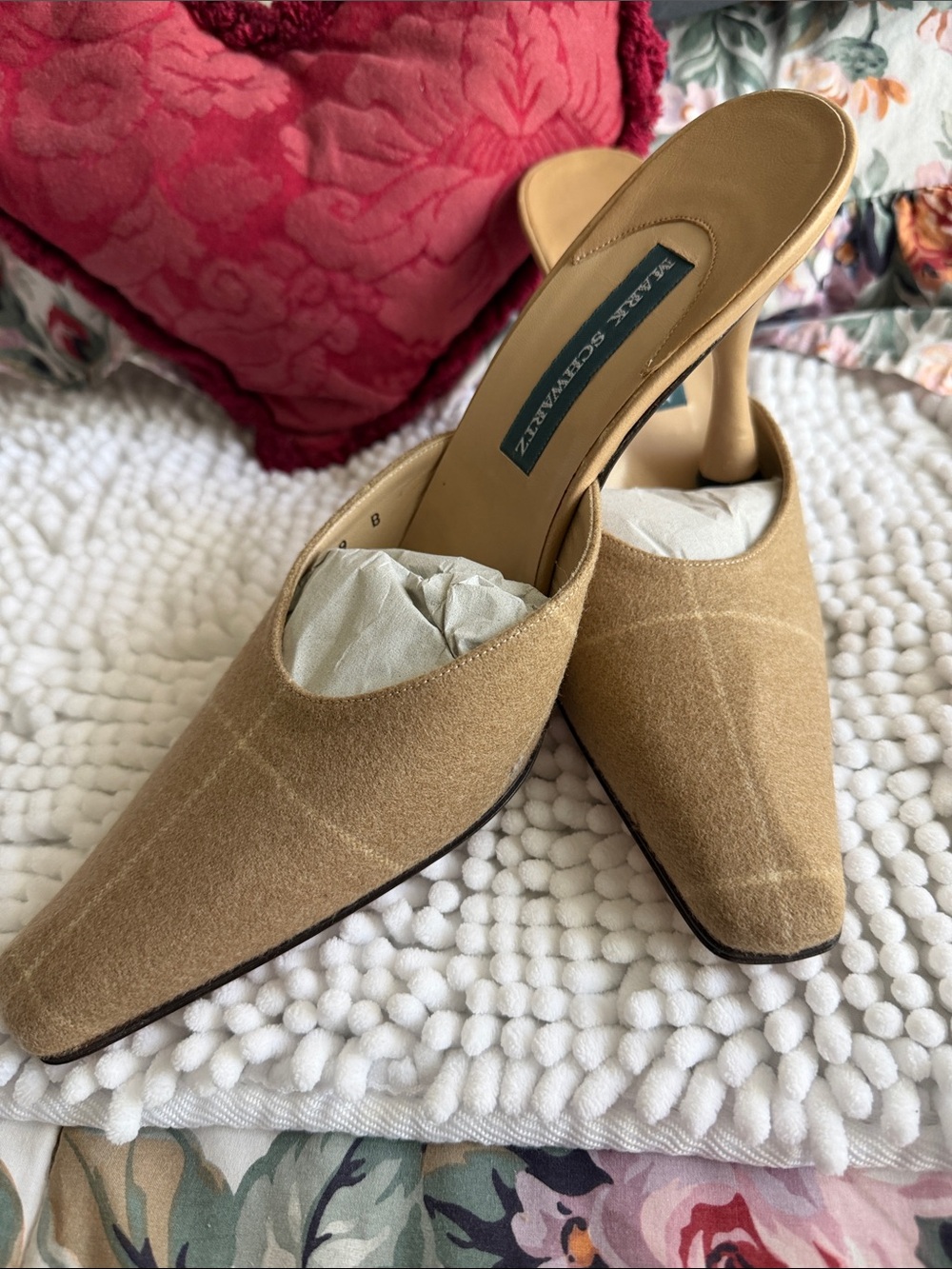 Beige Suede Pointed Mule Heels by Mark Schwartz